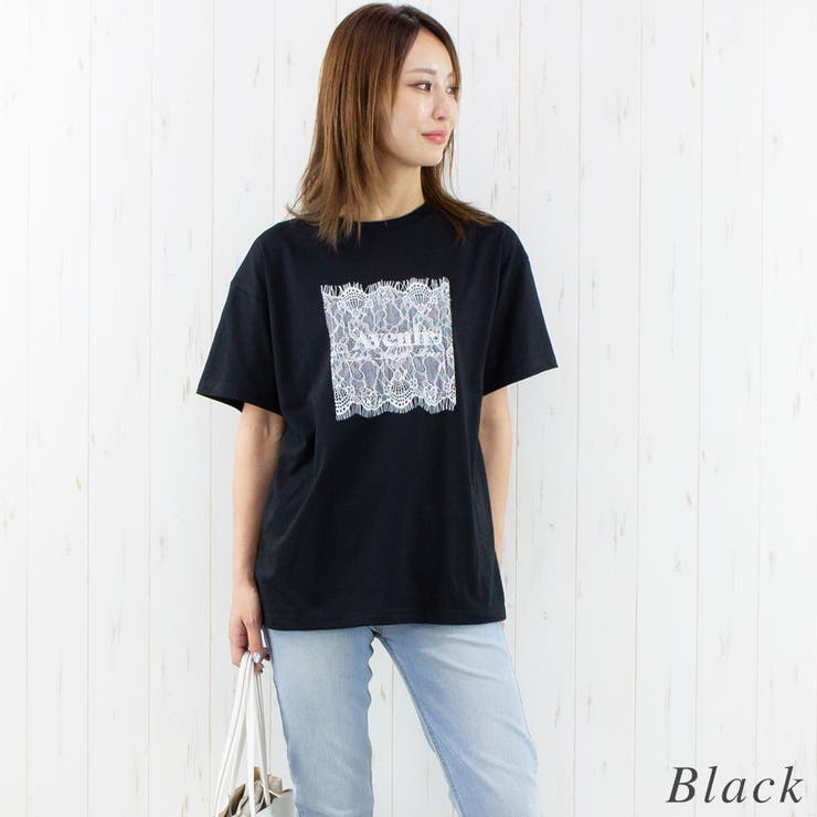 ブラック | レースロゴ刺繍Tシャツ | A.NATALY
