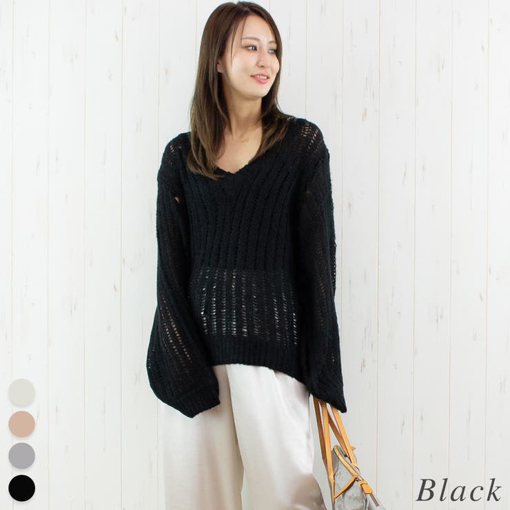 ブラック | 透かし編みⅤネックプルオーバー | A.NATALY