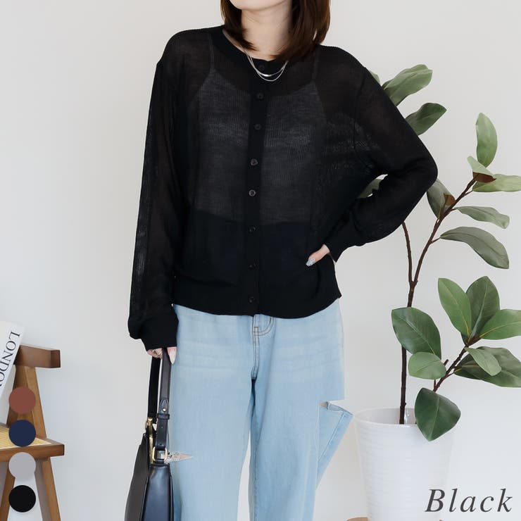 ブラック | シアーニットクルーネック長袖カーディガン | A.NATALY