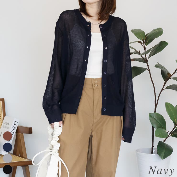 ネイビー | シアーニットクルーネック長袖カーディガン | A.NATALY
