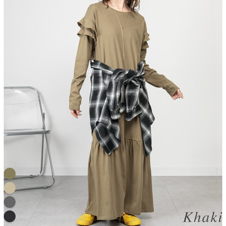 カーキ | ダブルフリル長袖ワンピース | A.NATALY