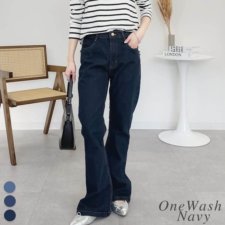ワンウォッシュネイビー | フレアーストレッチデニムパンツ | A.NATALY