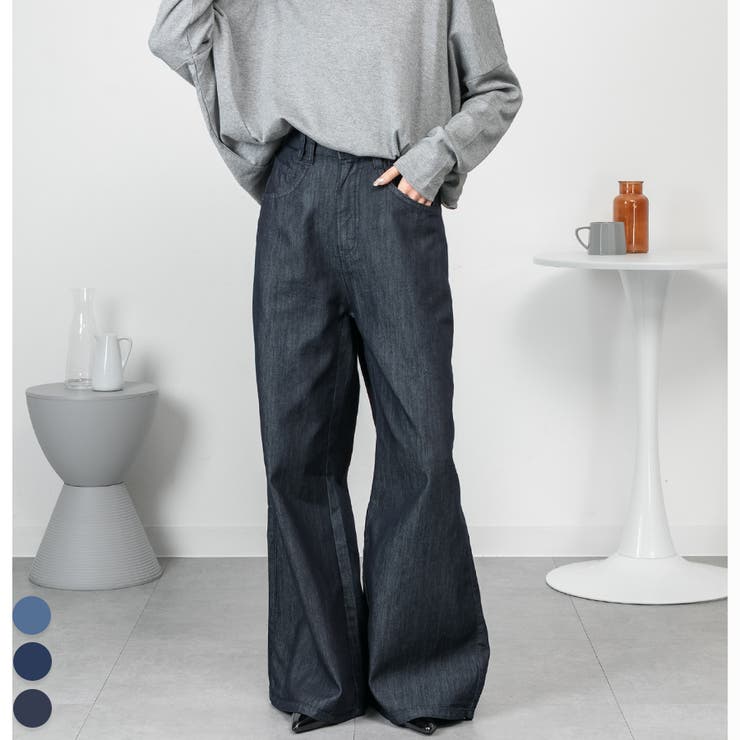 ワンウォッシュネイビー | ドレープワイドフレアパンツ | A.NATALY