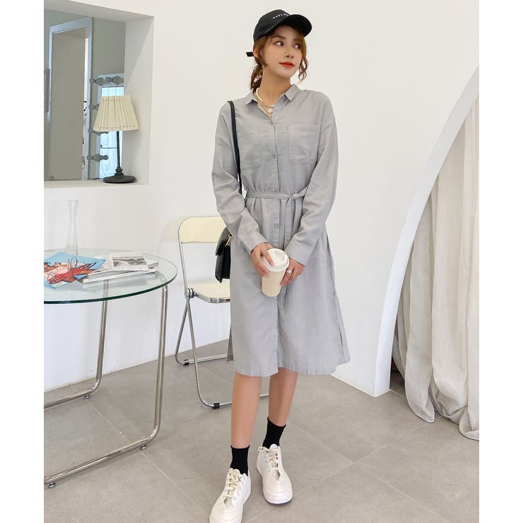 ウエストリボンサイドスリットシャツワンピース ロング 長袖[品番