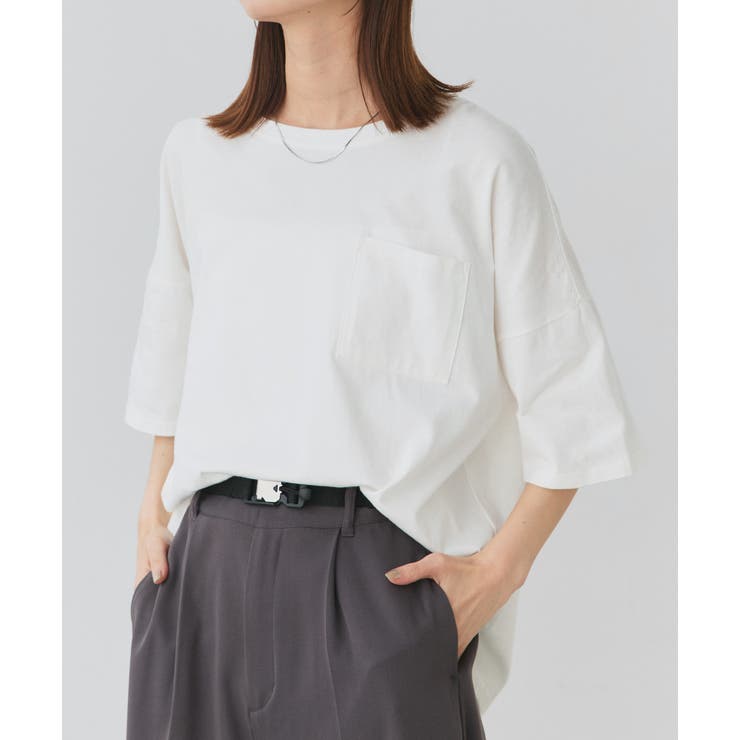 オフホワイト | ポケット付きTシャツ コットン100% ラウンドヘム | ad thie