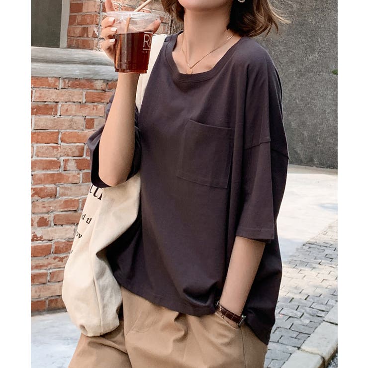 チャコール | ポケット付きTシャツ コットン100% ラウンドヘム | ad thie