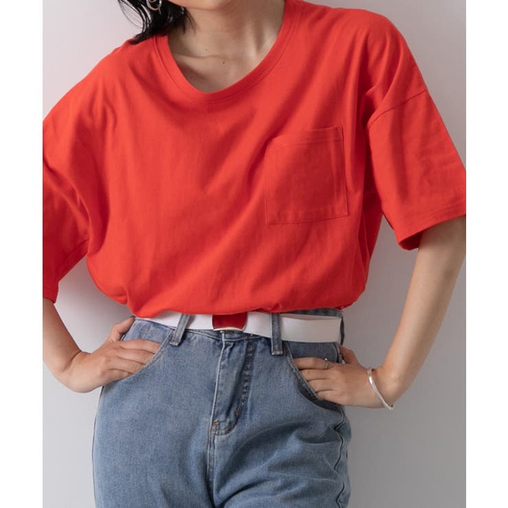 レッド | ポケット付きTシャツ コットン100% ラウンドヘム | ad thie