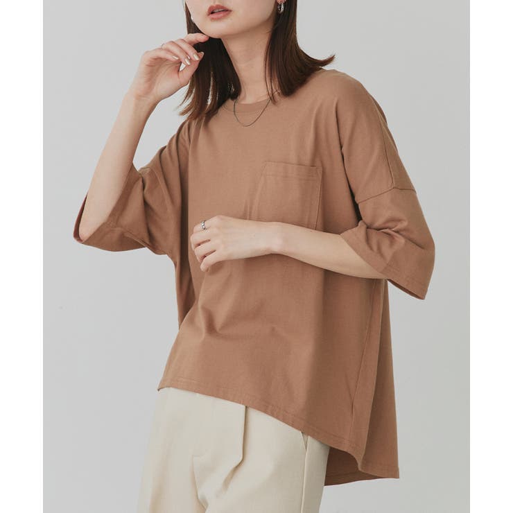 ブラウン | ポケット付きTシャツ コットン100% ラウンドヘム | ad thie