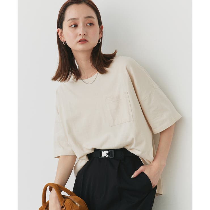 アイボリー | ポケット付きTシャツ コットン100% ラウンドヘム | ad thie