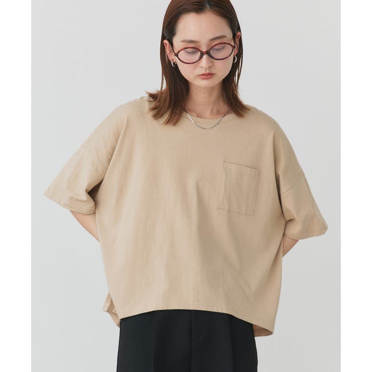 ベージュ | ポケット付きTシャツ コットン100% ラウンドヘム | ad thie