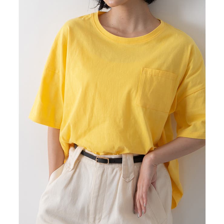 イエロー | ポケット付きTシャツ コットン100% ラウンドヘム | ad thie
