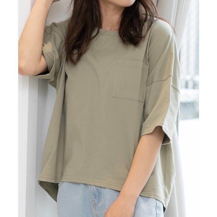 オリーブ | ポケット付きTシャツ コットン100% ラウンドヘム | ad thie