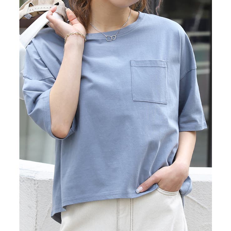 ブルーグレー | ポケット付きTシャツ コットン100% ラウンドヘム | ad thie