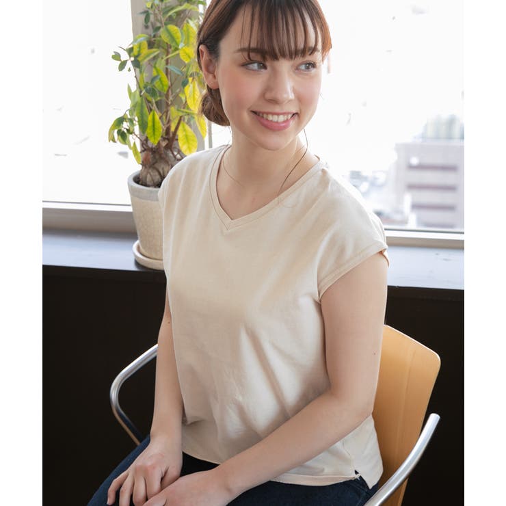 シンプルサイドスリットVネックTシャツ 半袖 コットン | ad thie | 詳細画像13 