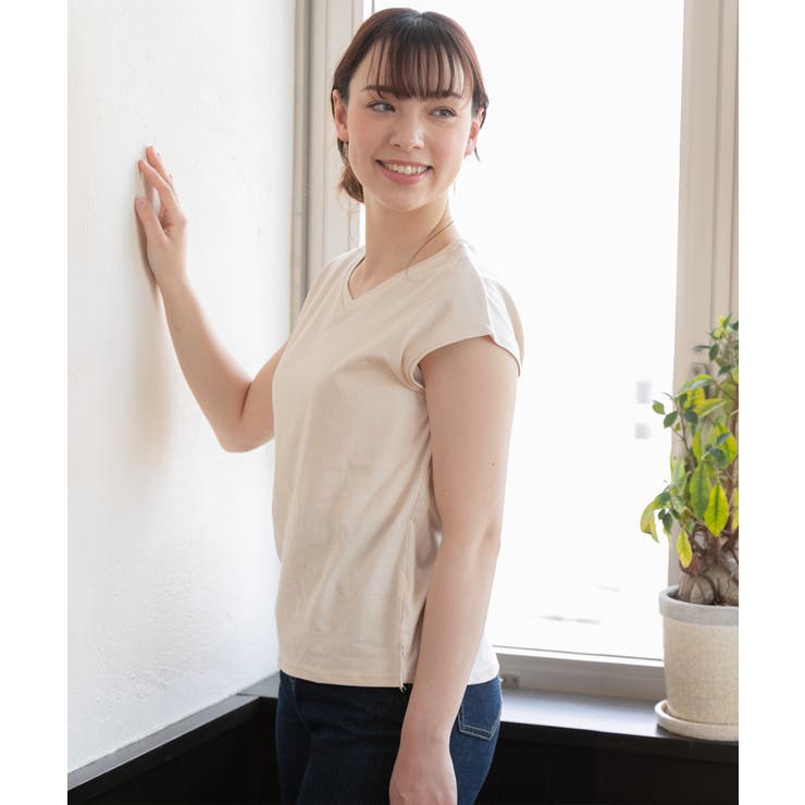 シンプルサイドスリットVネックTシャツ 半袖 コットン | ad thie | 詳細画像15 