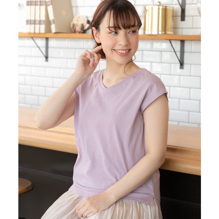 パープル | シンプルサイドスリットVネックTシャツ 半袖 コットン | ad thie