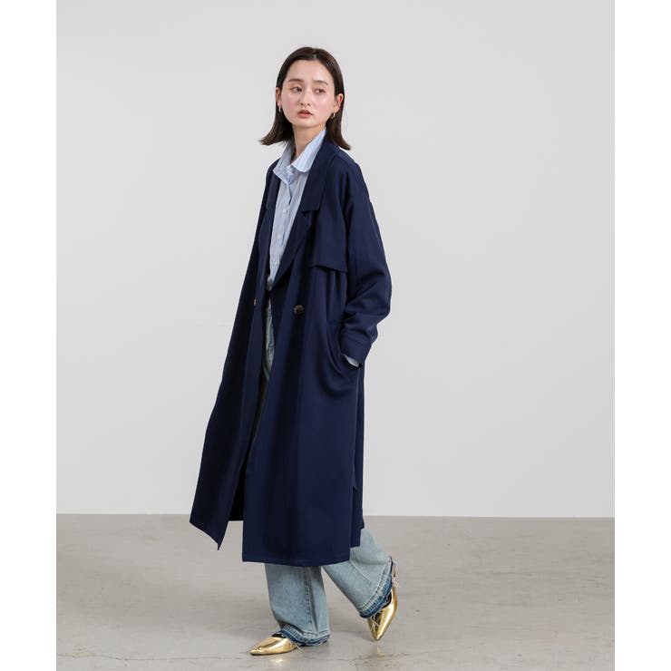 Hatraハトラ ネイビー ジッパー付き ロングトレンチコート ビッグテーラートレンチコート ロングコート[品番：ADEW0000173]｜ad
