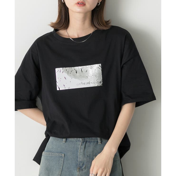 ブラック | 箔プリント オーバーサイズTシャツ | ad thie