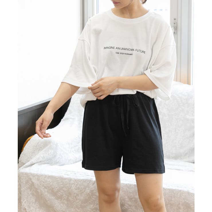 オフホワイト×ブラック | ロゴ入りルームウエア セットアップ 柄 | ad thie