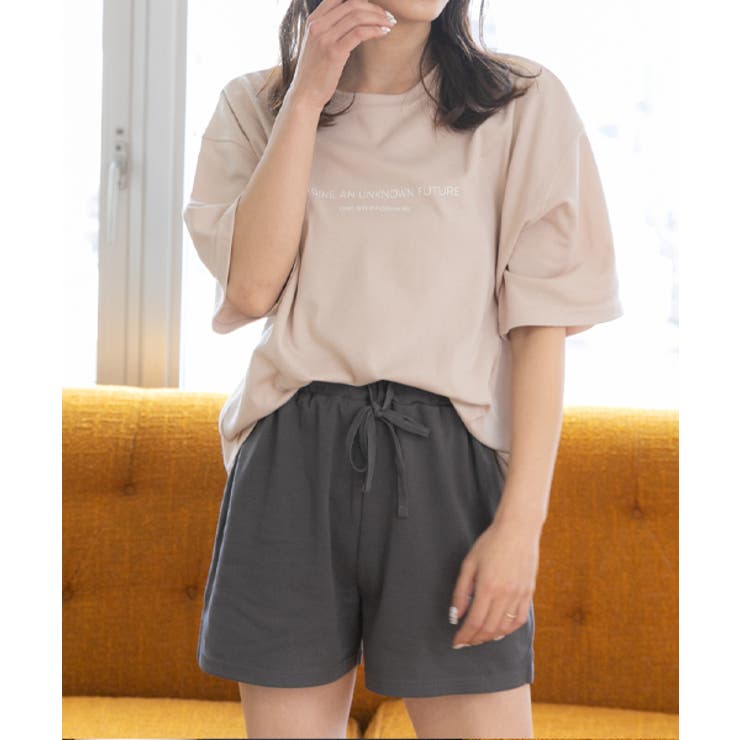 ベージュ×チャコール | ロゴ入りルームウエア セットアップ 柄 | ad thie