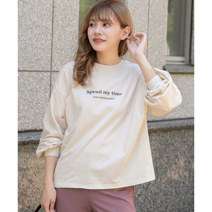 袖ボリューム前後ロゴプリントTシャツ ロンT ロングTシャツ[品番