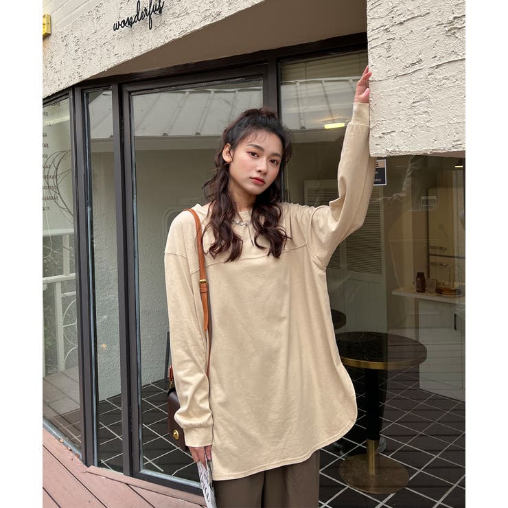 オーバーサイズシンプルロングTシャツ ロンT 綿100%[品番：ADEW0000238
