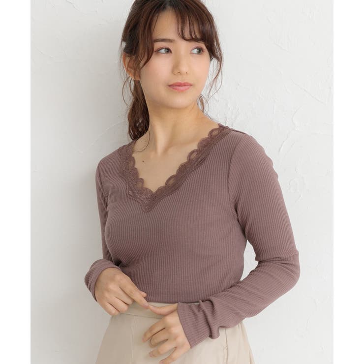 VネックレーステレコロングTシャツ カットソー レース[品番