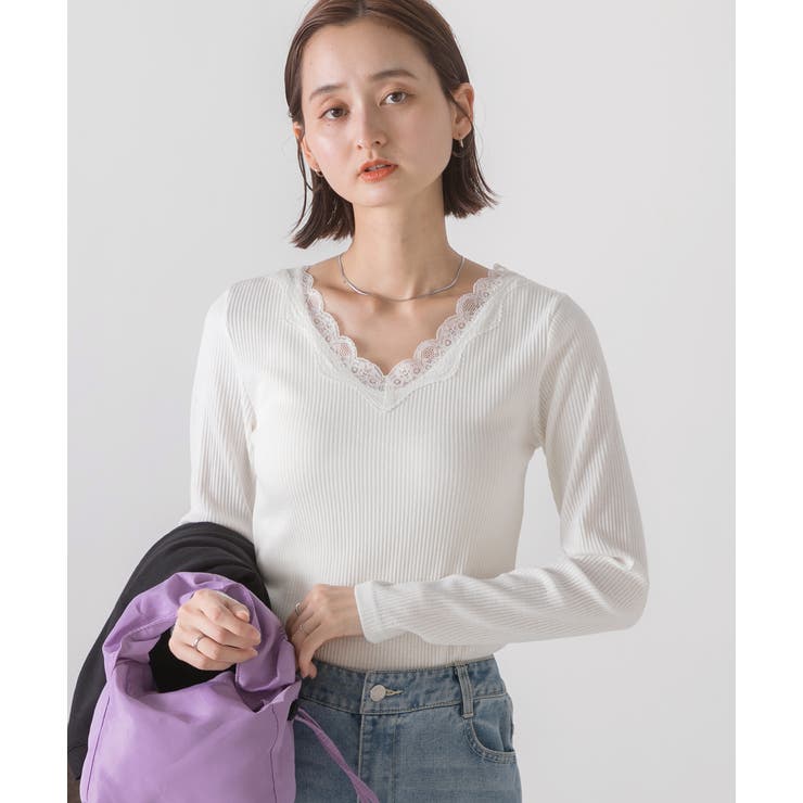 VネックレーステレコロングTシャツ カットソー レース[品番