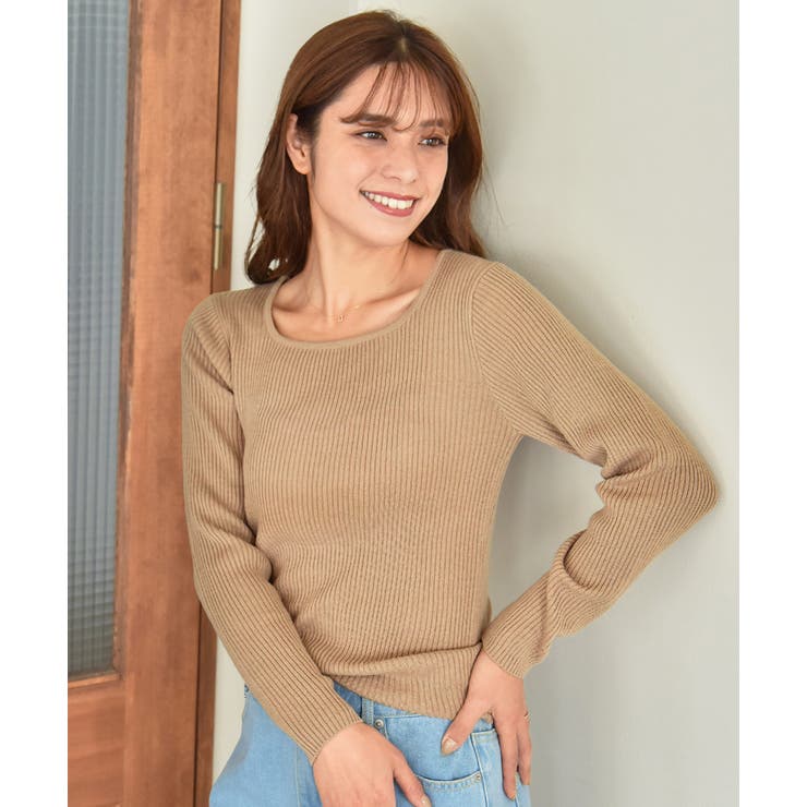 ベージュ | スクエアーニット リブニット トップス | ad thie