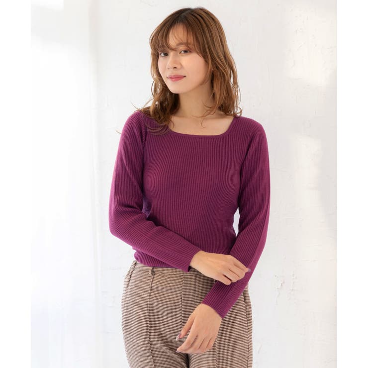 ピンクパープル | スクエアーニット リブニット トップス | ad thie