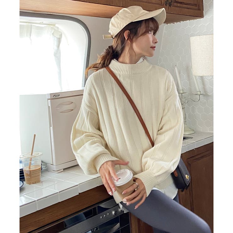 オフホワイト１ | ワイドリブニット 太リブ ハイネック | ad thie