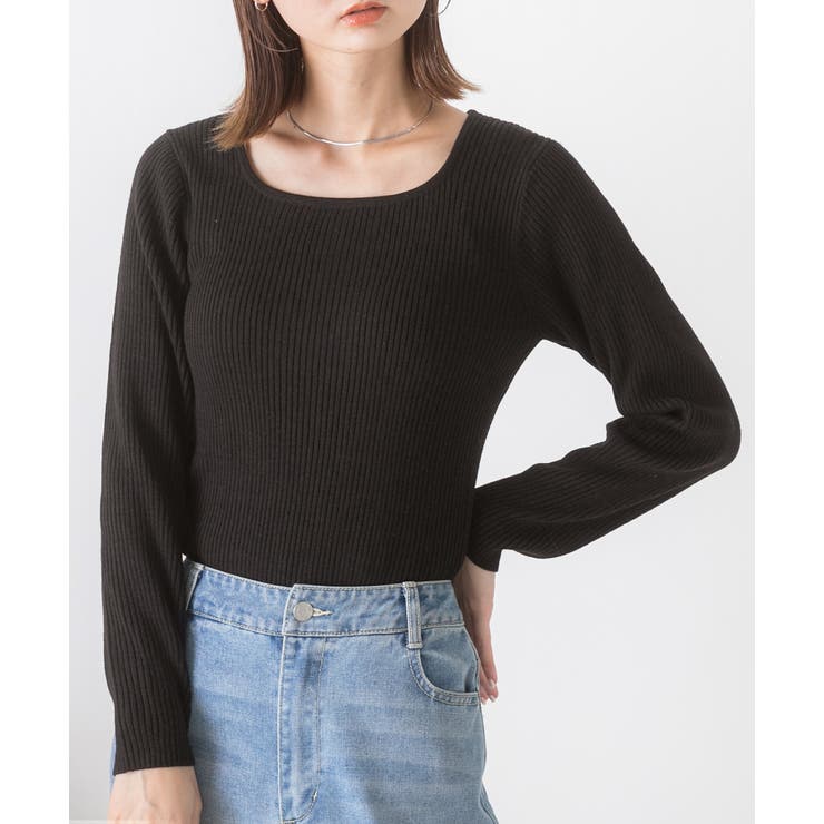 ブラック | スクエアネック リブニットトップス | ad thie