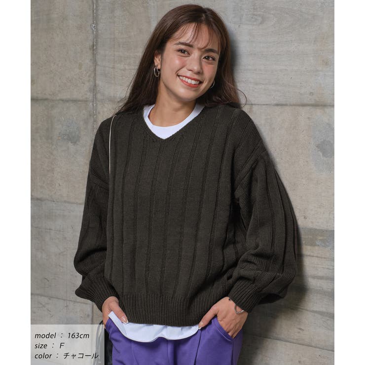 チャコール | Vネックリブニット Vネック ニット | ad thie