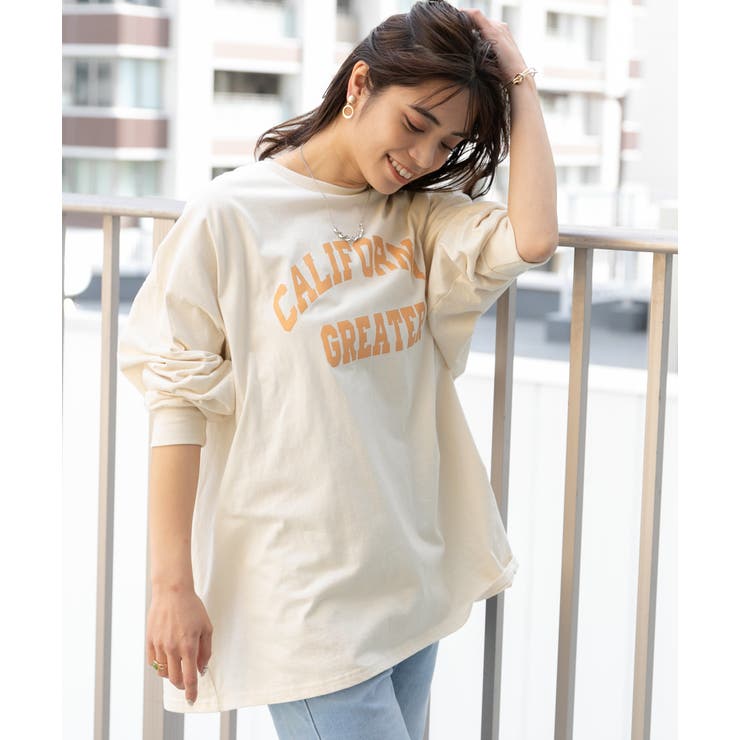 オフ×レッド】CALIFORNIA カレッジロゴ プリントロングTシャツ[品番