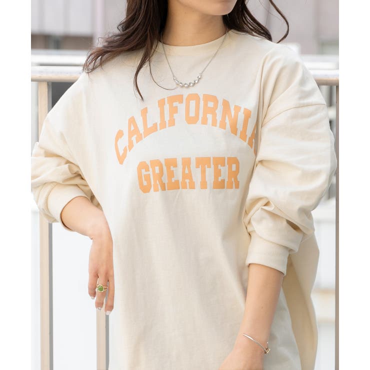 オフ×レッド】CALIFORNIA カレッジロゴ プリントロングTシャツ[品番