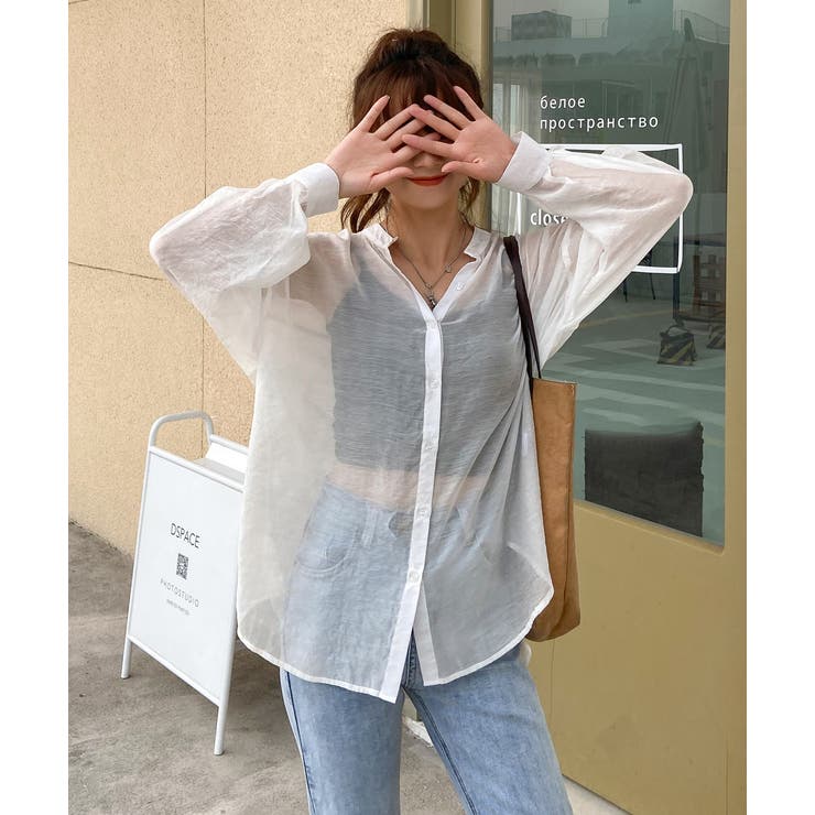 韓国 服 レディース トップス シャツ 長袖 水色 アウター シャツ シアー