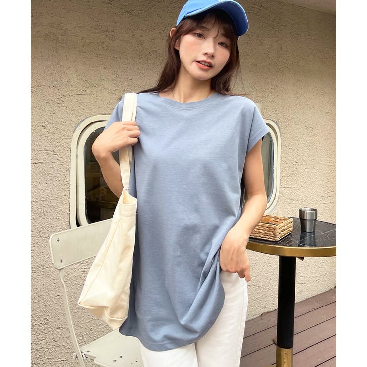 ブルーグレー】フレンチスリーブ 半袖Tシャツ ラウンド裾[品番