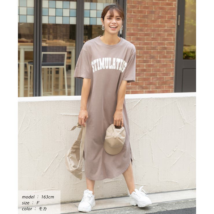 Tシャツワンピース 半袖 ロゴスウェット ロゴプリント スリット入り ...