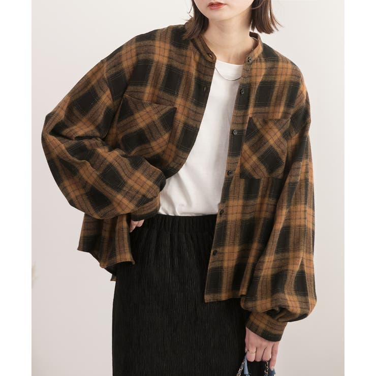 ポケット付き バンドカラーチェックシャツ[品番：ADEW0004206]｜ad