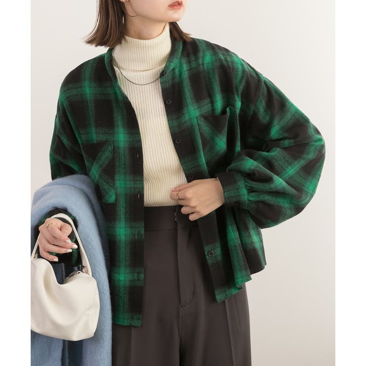 ディセンダント　シャツ　4　グリーン　チェック　バンドカラー ポケット付き バンドカラーチェックシャツ[品番：ADEW0004206]｜ad