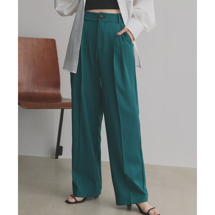 グリーン | ストレートパンツ センタープレス タック カラー ポケット 後ろゴム | ad thie