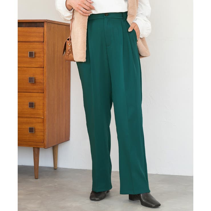 ダークグリーン | ストレートパンツ センタープレス タック カラー ポケット 後ろゴム | ad thie