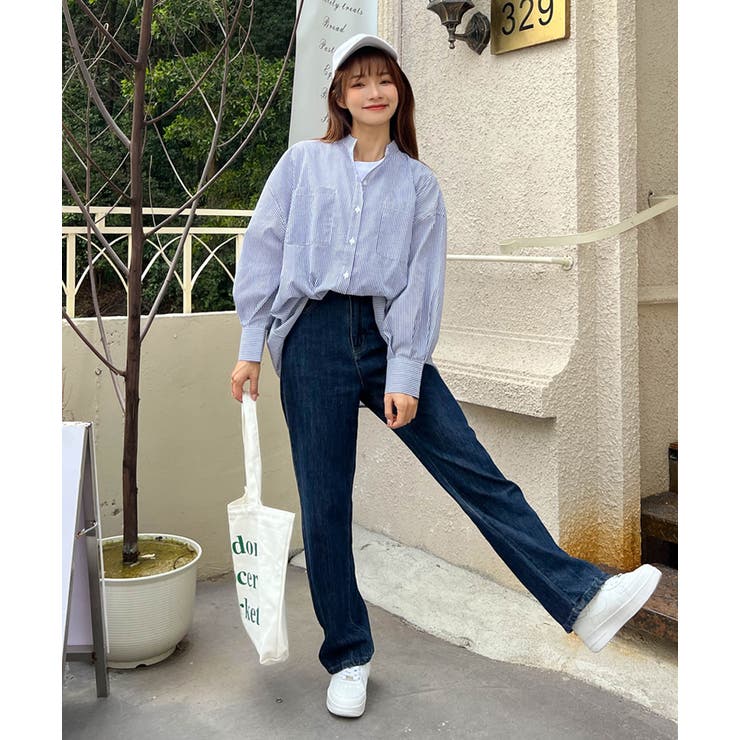 ストライプシャツ ノーカラー ポケット ビッグシルエット[品番 ストライプシャツ ノーカラー ポケット ビッグシルエット[品番