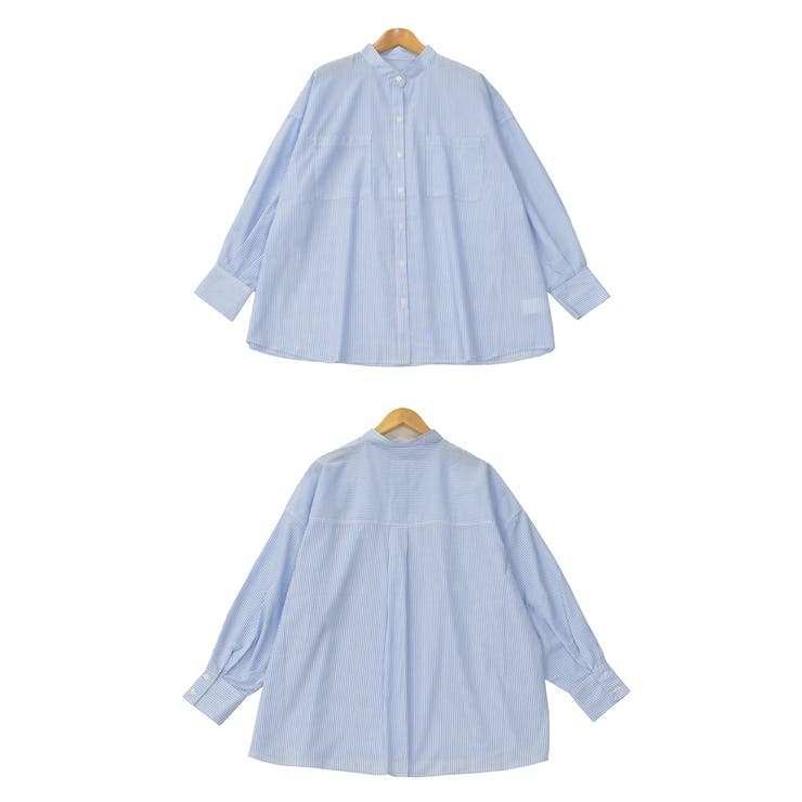 ストライプシャツ ノーカラー ポケット ビッグシルエット[品番