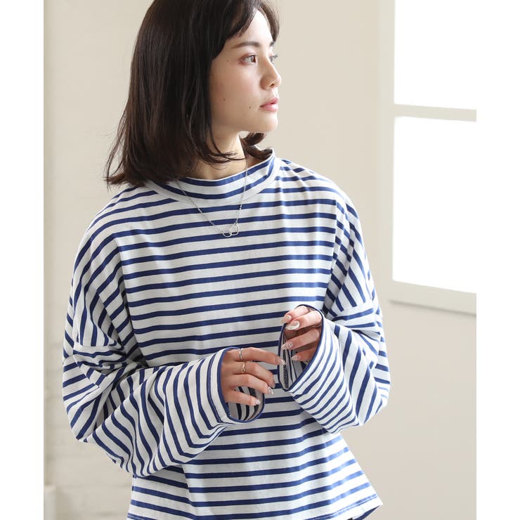 ボーダー カットソー モックネック ショート丈 ロンT[品番 