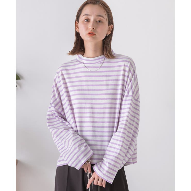 ボーダー カットソー モックネック ショート丈 ロンT[品番