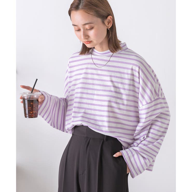 ボーダー カットソー モックネック ショート丈 ロンT[品番