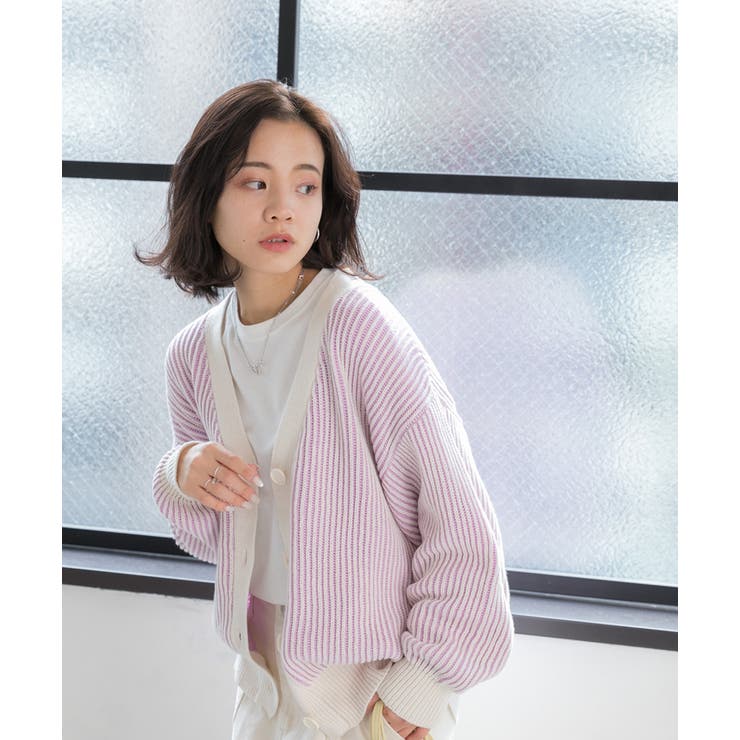 ニットカーディガン ストライプ パステル Vネック ゆったり | ad thie | 詳細画像15 