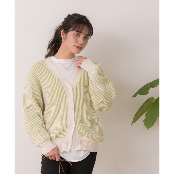 ニットカーディガン ストライプ パステル Vネック ゆったり | ad thie | 詳細画像3 