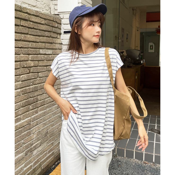 ブルー | ボーダーTシャツ フレンチスリーブ クルーネック | ad thie